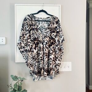 TARA GRINNA Leopard Print Flowy V Neck Swimwear Coverup Brown Black Tan Size S